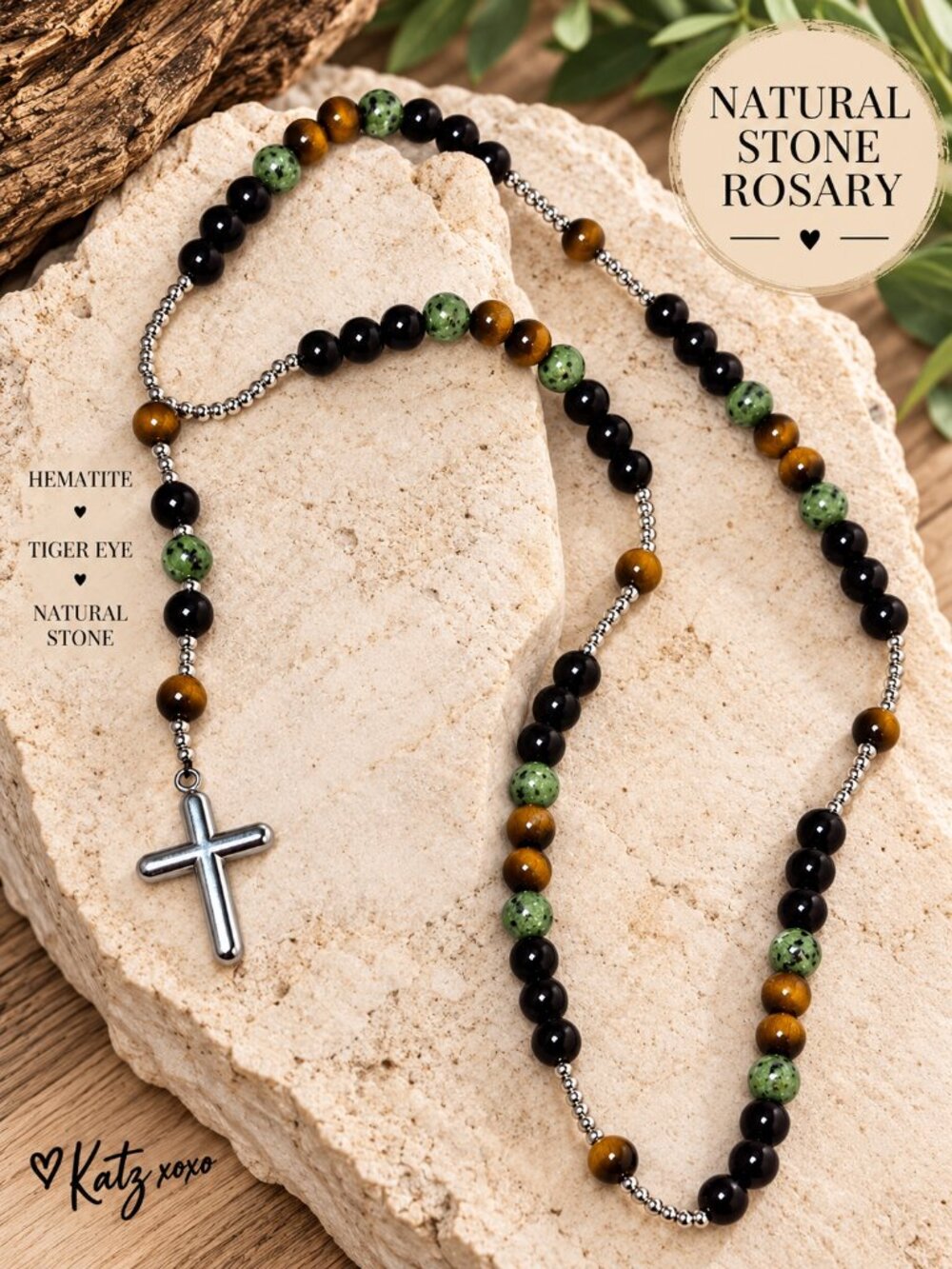 Natural Stone Rosary Necklace Tiger Eye Black Green Beads Silver Cross 48g